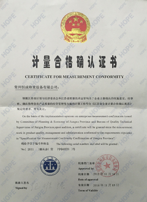 China SMARTWEIGH INSTRUMENT CO.,LTD Certification